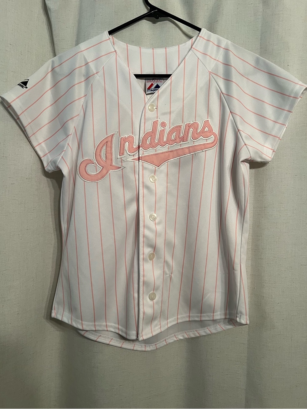 Majestic Women’s Indians Button-Up Jersey - White with Light Pink Pinstripes